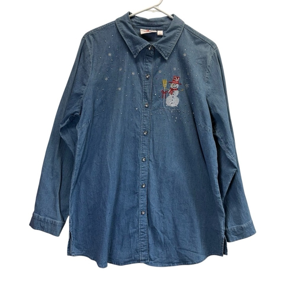 Quackery Factory Blue Denim Shirt with Snowman Embellishments. Size L Color